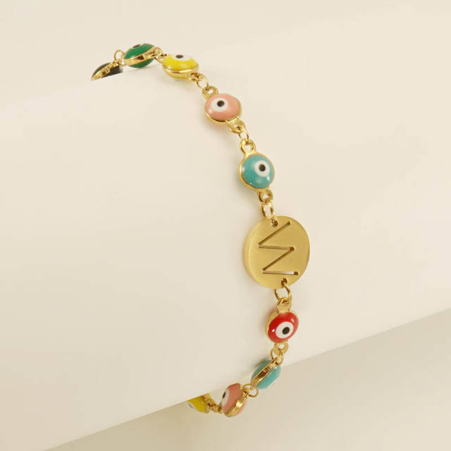 Enamel evil eye bead stainless steel initial letter bracelet