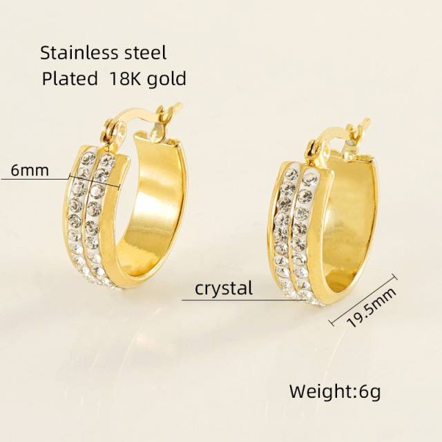 18KG rhinestone stainless steel hoop earrings