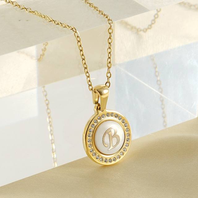 Delicate dimond round pendant initial letter stainless steel necklace