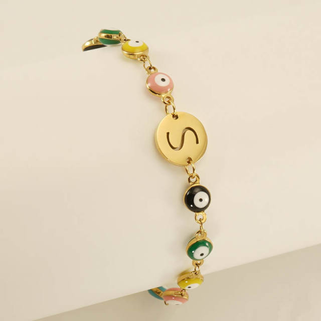 Enamel evil eye bead stainless steel initial letter bracelet