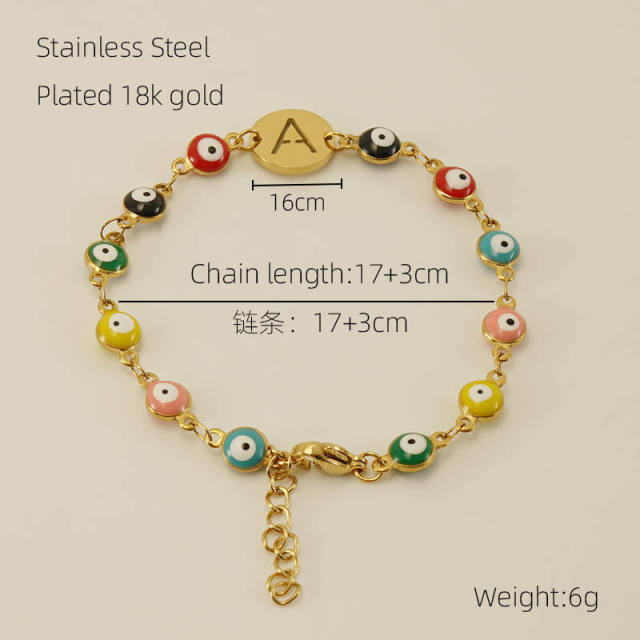 Enamel evil eye bead stainless steel initial letter bracelet