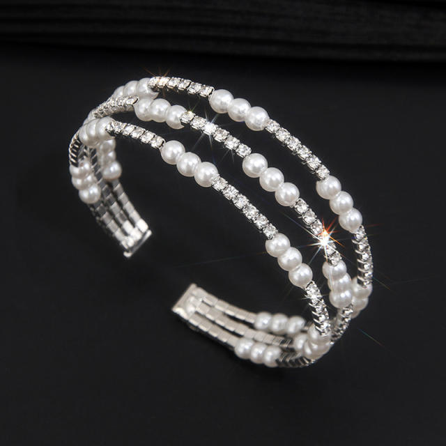 Delicate rhinestone pearl bead three layer elastic cuff bangle