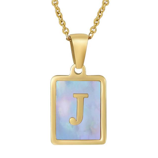 18KG sweet pink color shell initial letter card stainless steel necklace