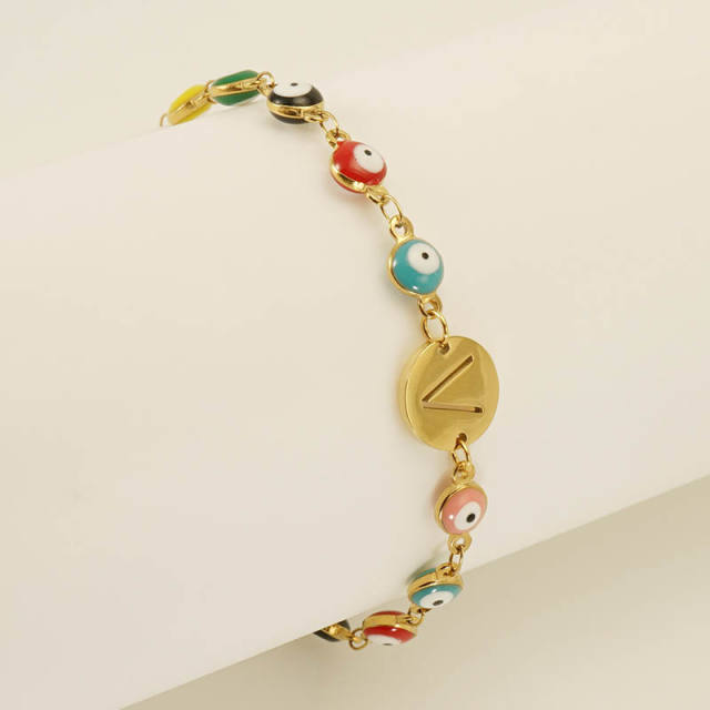 Enamel evil eye bead stainless steel initial letter bracelet