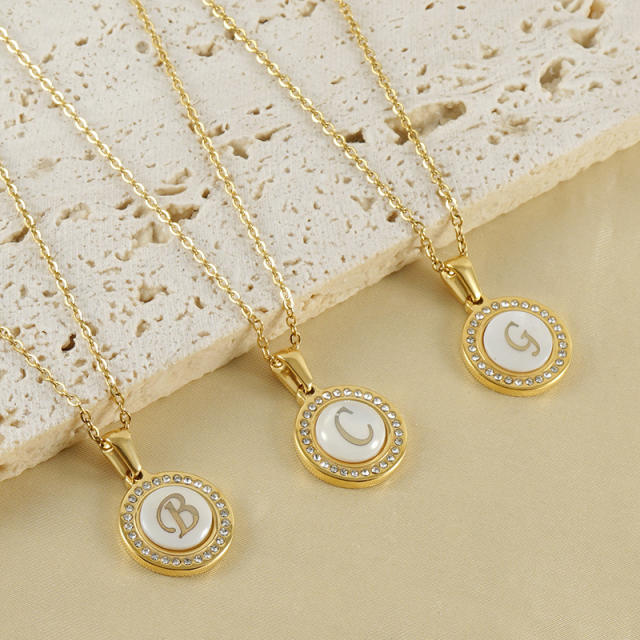 Delicate dimond round pendant initial letter stainless steel necklace