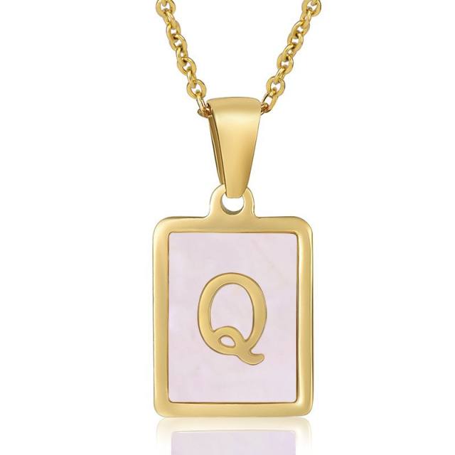 18KG sweet pink color shell initial letter card stainless steel necklace