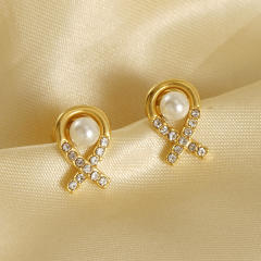 Elegant rhinestone pearl bead stainless steel studs earrings