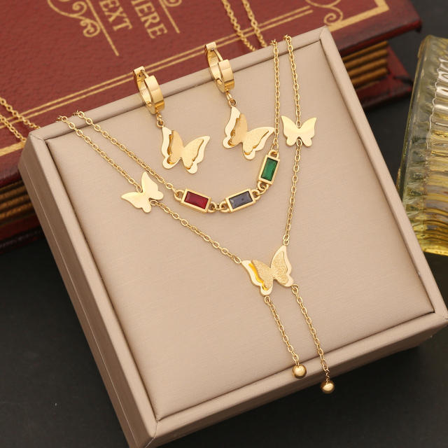 Korean fashion frost butterfly stainless steel necklace set