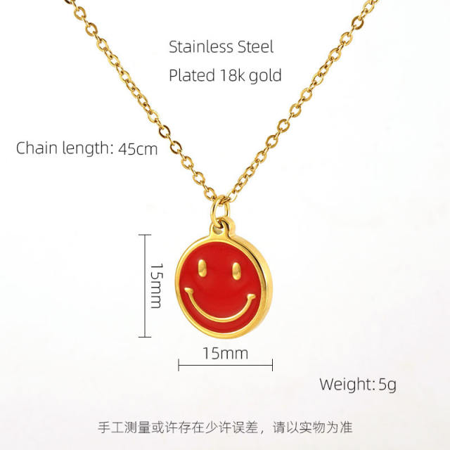 18KG enamel smile face pendant stainless steel necklace