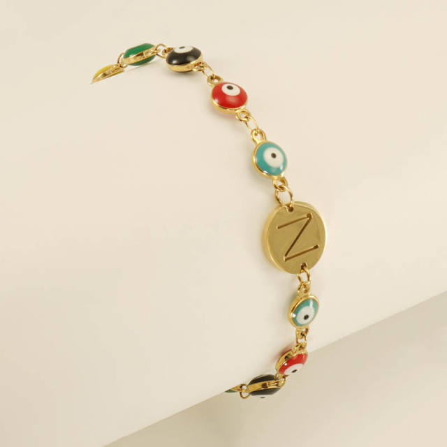 Enamel evil eye bead stainless steel initial letter bracelet