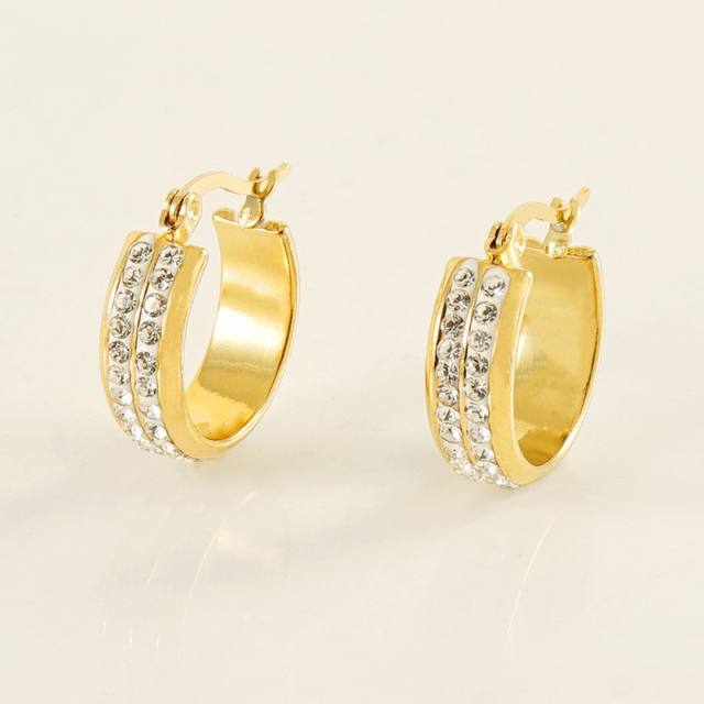 18KG rhinestone stainless steel hoop earrings