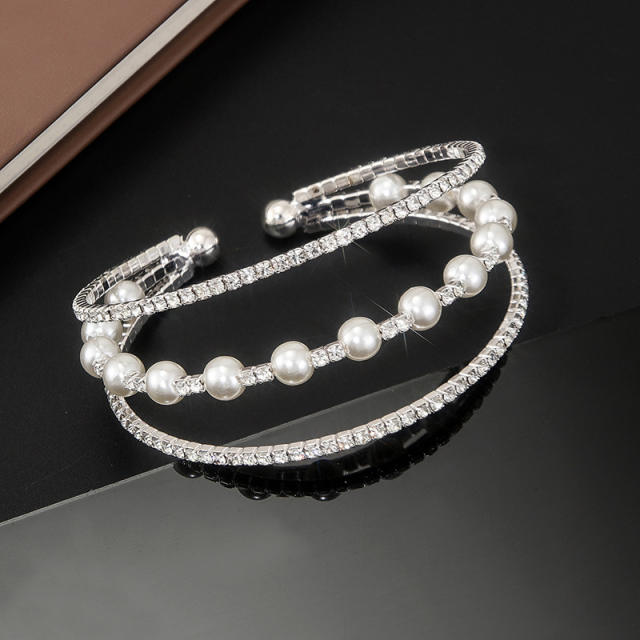 Personality rhinestone pearl bead three layer cuff bangle