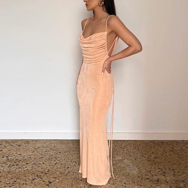 Hot sale backless strappy plain color bodycon maxi dress