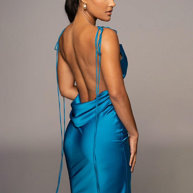 Elegant plain color satin backless strappy maxi dress