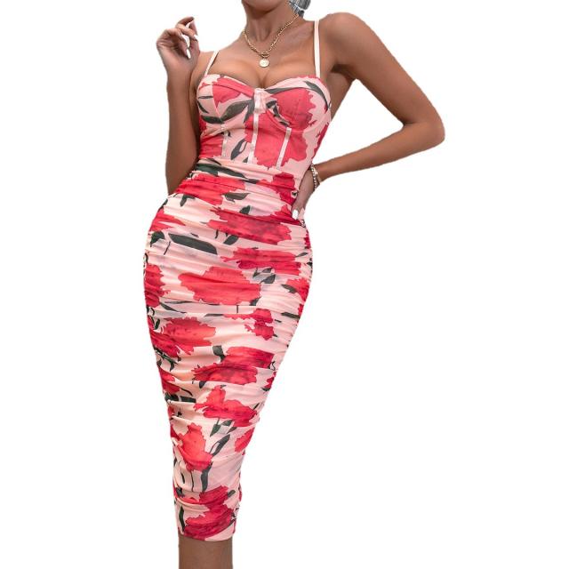 Sexy rose floral bodycon camis dress