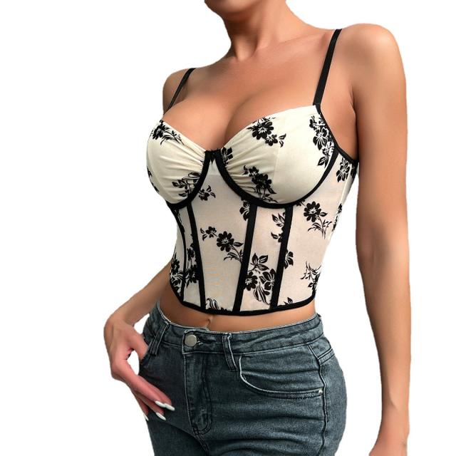 Sexy black velvet flower corset tops camis