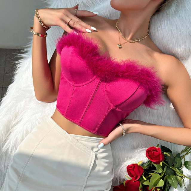 Sexy off shoulder plain color fluffy corset tops