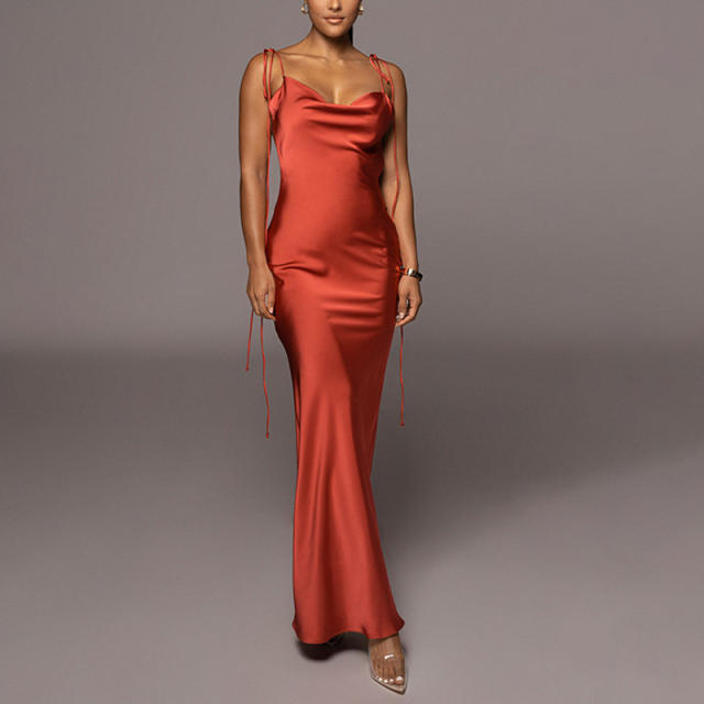 Elegant plain color satin backless strappy maxi dress