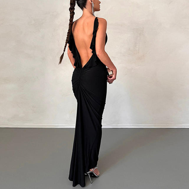 Elegant plain color backless ruffle bodycon maxi dress