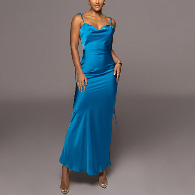 Elegant plain color satin backless strappy maxi dress