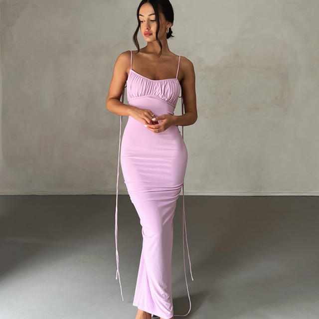 Sexy plain color backless strappy bodycon dress