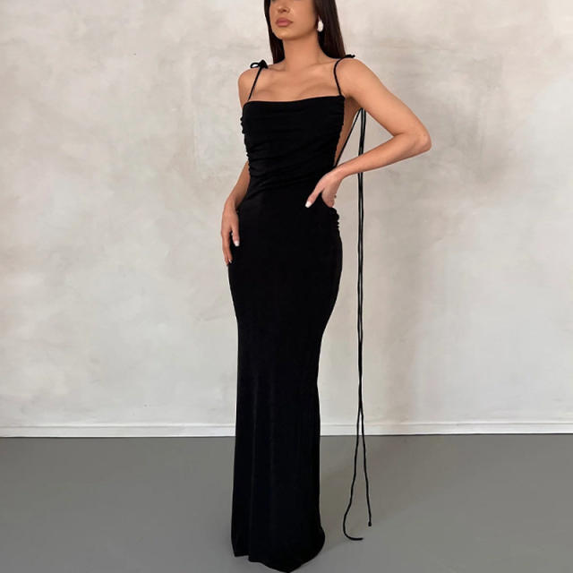 Hot sale backless strappy plain color bodycon maxi dress