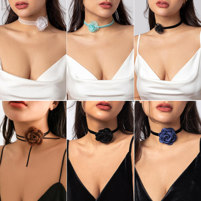 Vintage mesh flower camellia choker