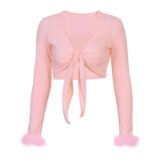 Y2K sexy feather tie front cropped tops