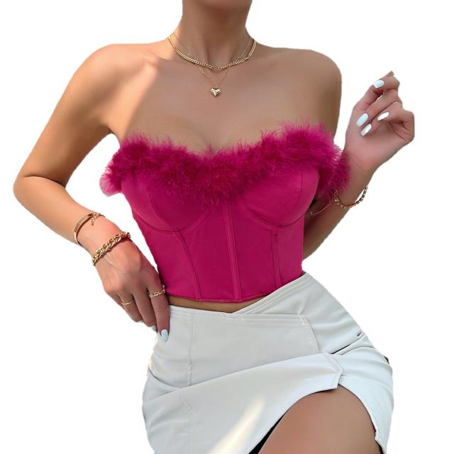 Sexy off shoulder plain color fluffy corset tops