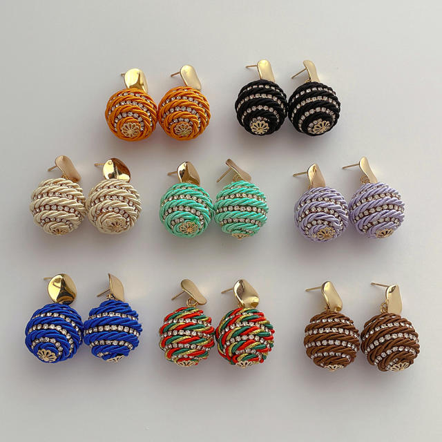 Boho handmade straw ball colorful earrings
