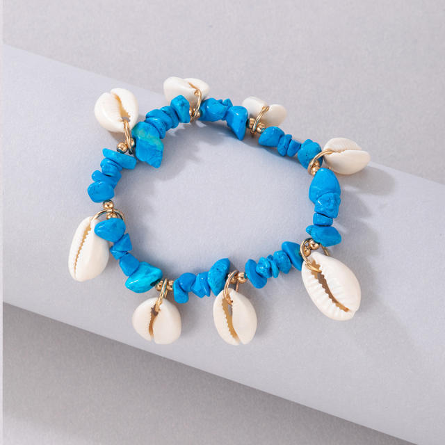 Boho blue color stone bead shell charm anklet