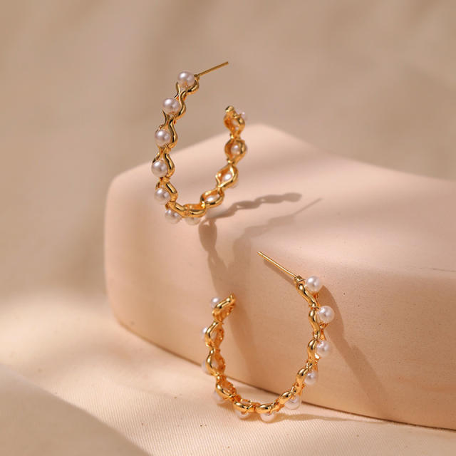 18K gold plated ABS pearl bead copper hoop earrings