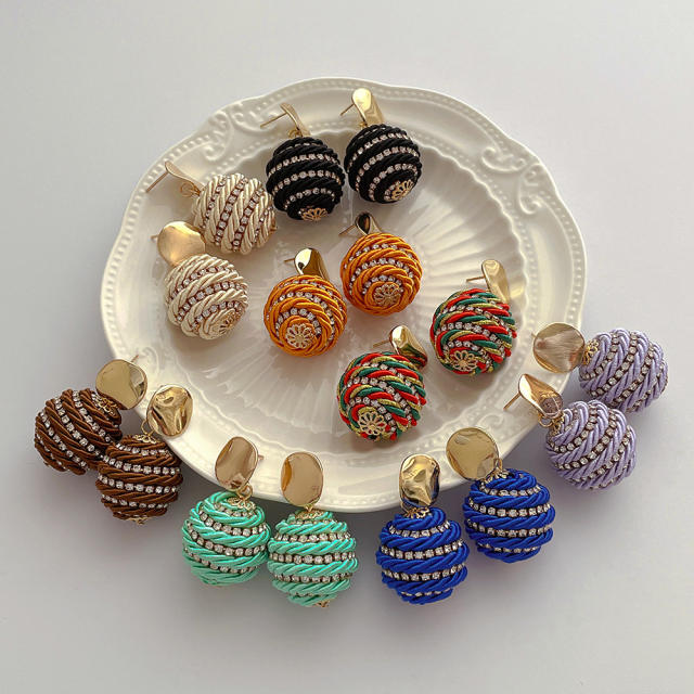 Boho handmade straw ball colorful earrings