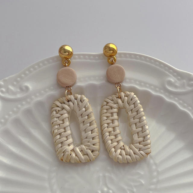 Boho handmade straw geometric dangle earrings