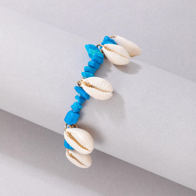 Boho blue color stone bead shell charm anklet