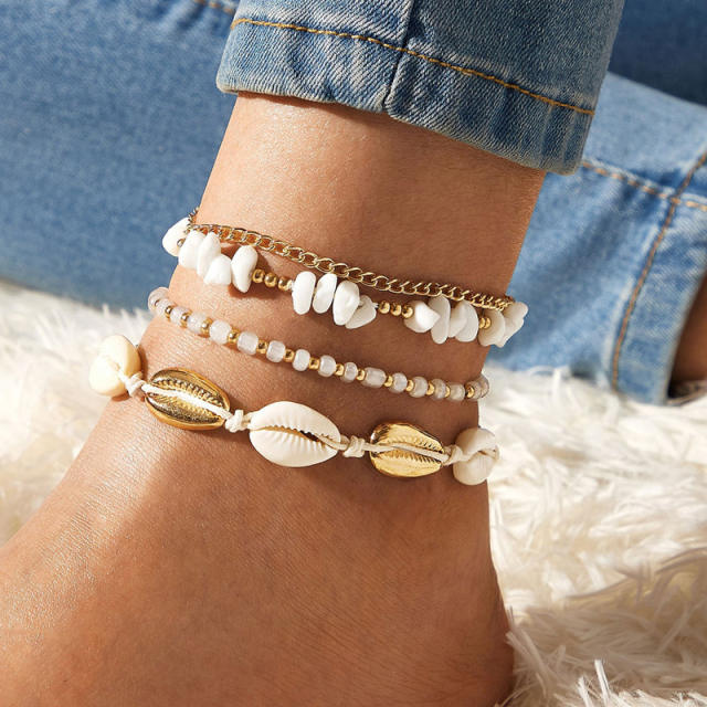 Boho white color stone bead shell charm 4pcs anklet