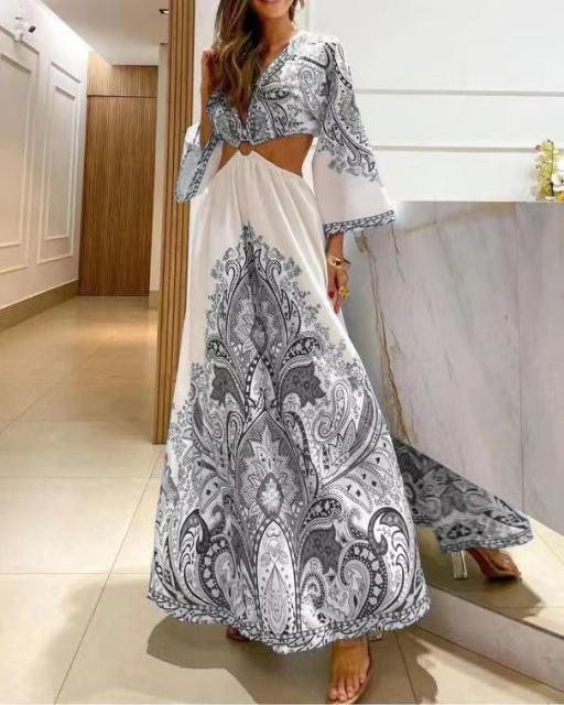 Summer fashion patterned hollow out waist maxi holiday dress