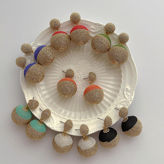 Boho handmade straw colorful ball cute earrings