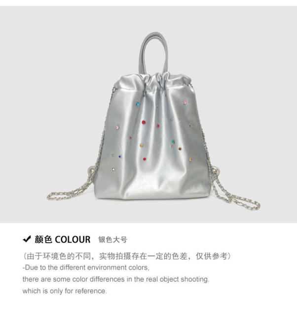 Korean fashion silver color PU leather glass crystal large size backpack