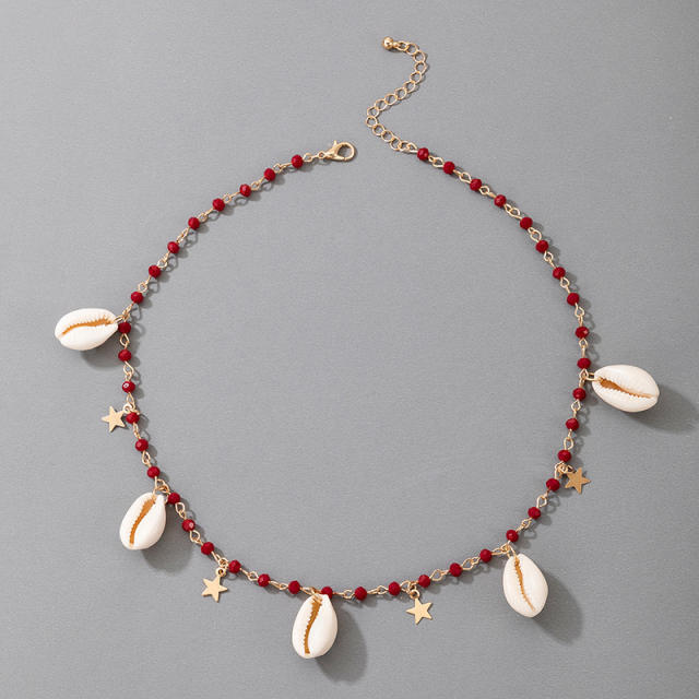 Boho wine red color crystal bead shell charm necklace