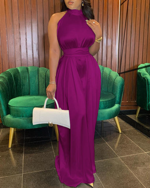 Elegant sleeveless satin plain color jumpsuit