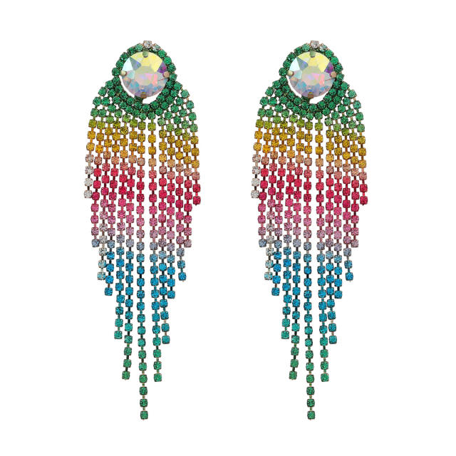 Luxury rainbod diamond tassel statement earrings