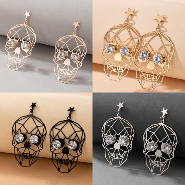 Funny hollow skull alloy rhinestone dangle earrings