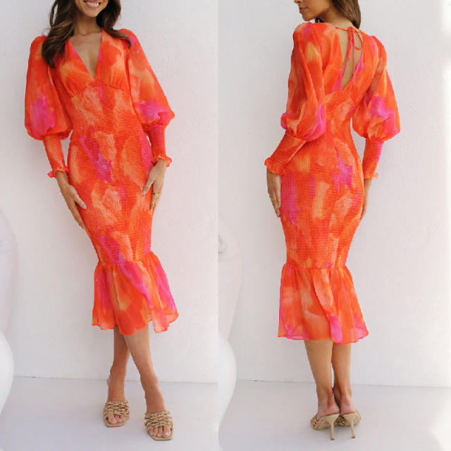 Sweet orange color ruffle bodycon dress