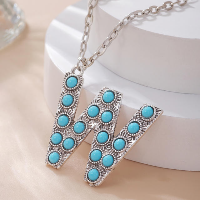 Boho turquoise bead initial letter pendant alloy necklace