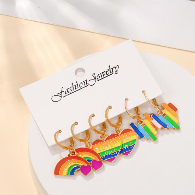 3 pair rainbow heart love letter enamel earrings set