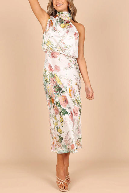 Elegant halter neck floral stain midi dress