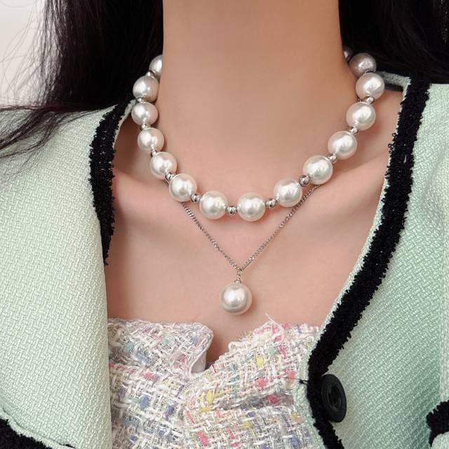 Elegant imitation pearl bead two layer necklace