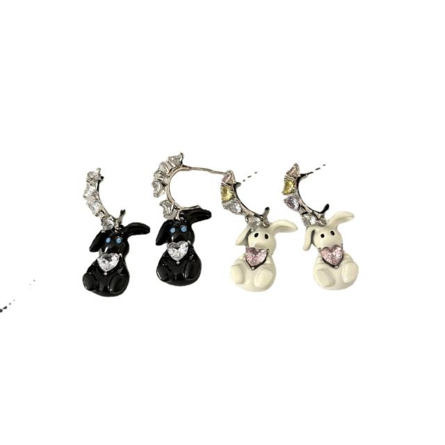Sweet black white enamel rabbit dangle earrings