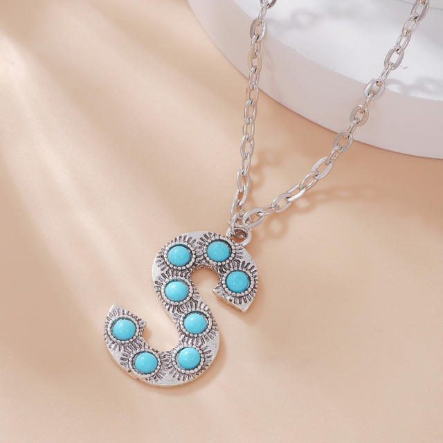 Boho turquoise bead initial letter pendant alloy necklace